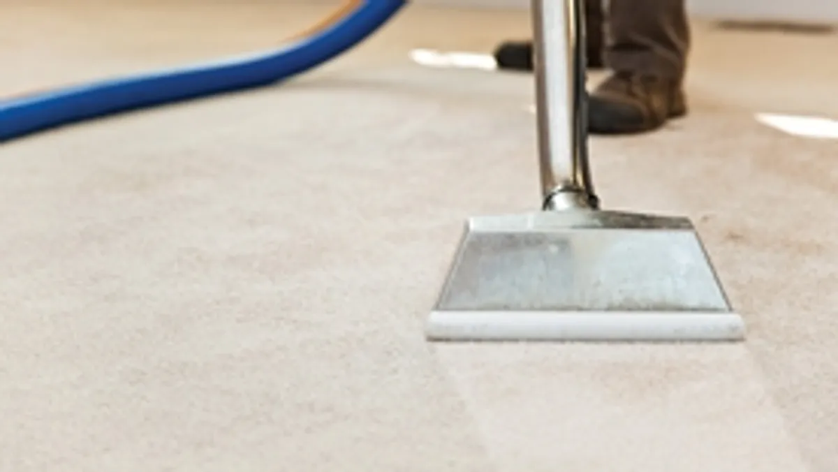 Carpet cleaning wand head gliding over a light carpet during hot-water extraction, Newark, NJ.